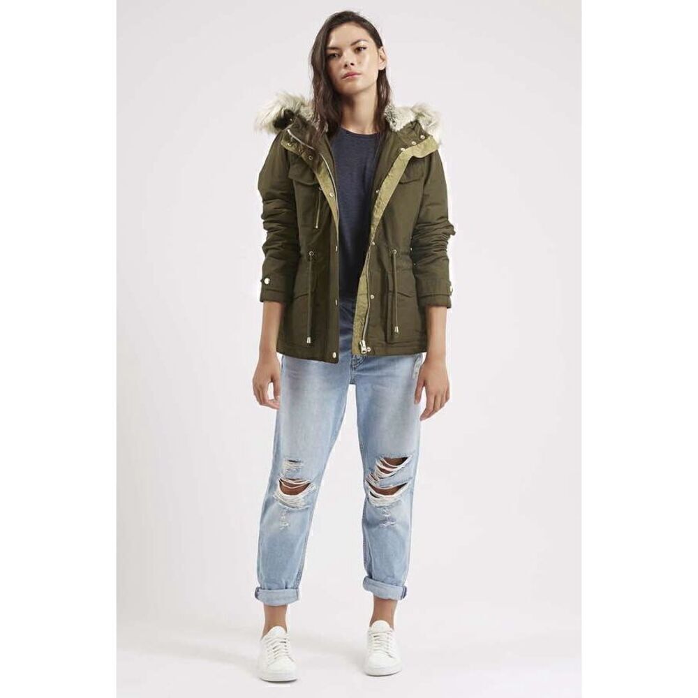 Topshop Jaxson Faux Fur Short Hooded Parka In Military Green